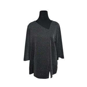 Chicos Herringbone Tunic Top Black Tweed Stretch SZ L 2 3/4 Sleeve Career Work